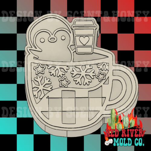 Checkered Groovy Snowflake Penguin Coffee Cup Silicone Freshie Mold - Red River Mold Co