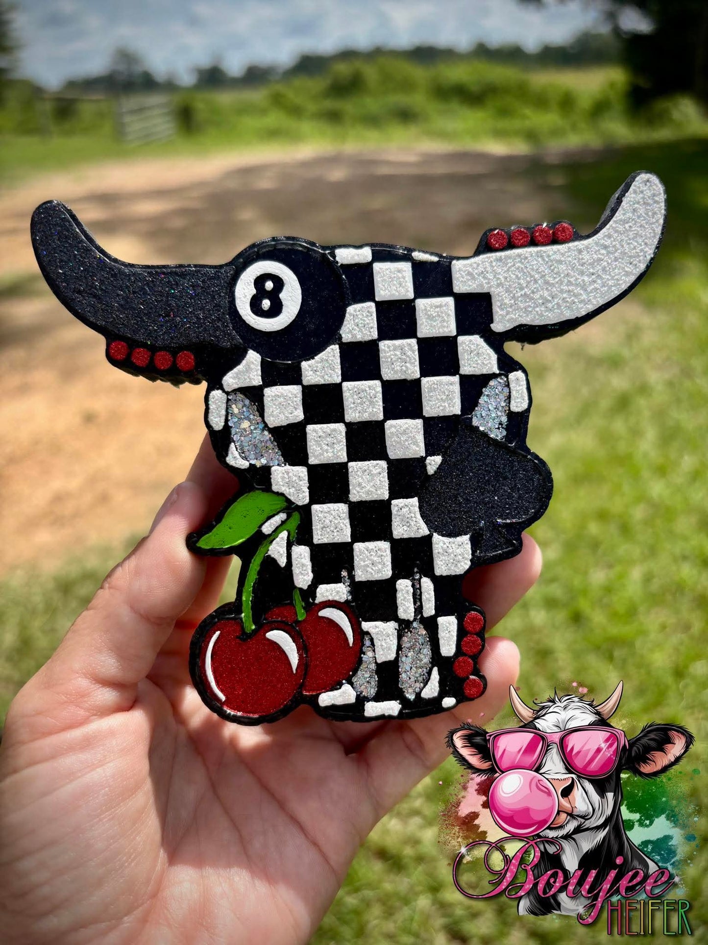 Checkered Western Bull Skull with 8 balls, cherry, and spade Silicone Freshie Mold - Red River Mold Co