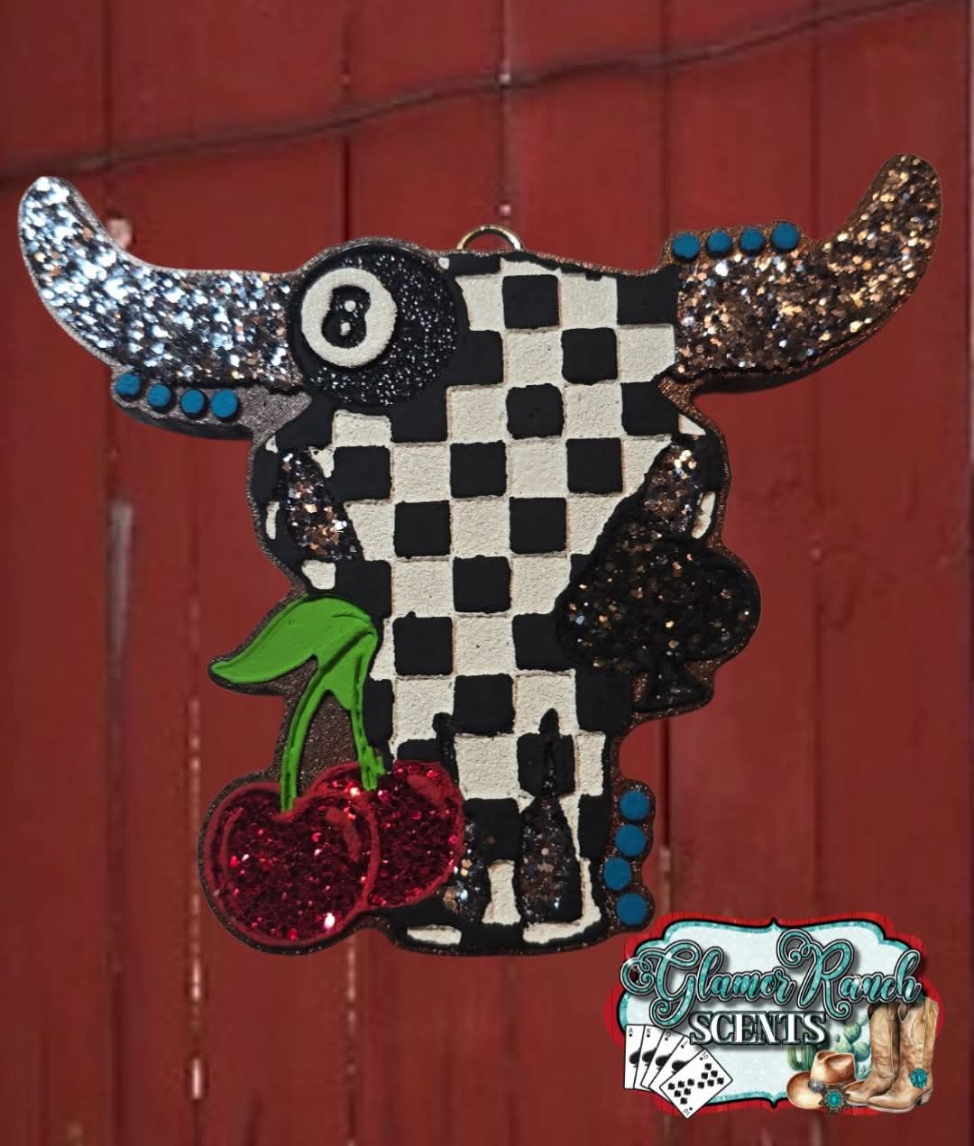Checkered Western Bull Skull with 8 balls, cherry, and spade Silicone Freshie Mold - Red River Mold Co
