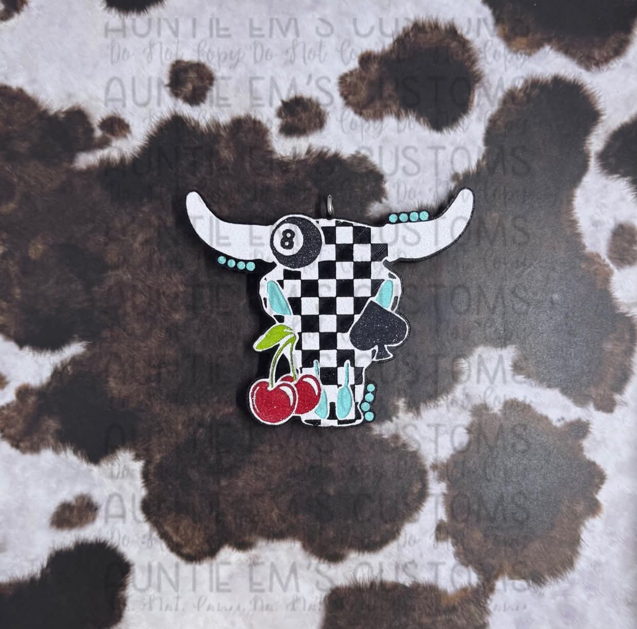 Checkered Western Bull Skull with 8 balls, cherry, and spade Silicone Freshie Mold - Red River Mold Co