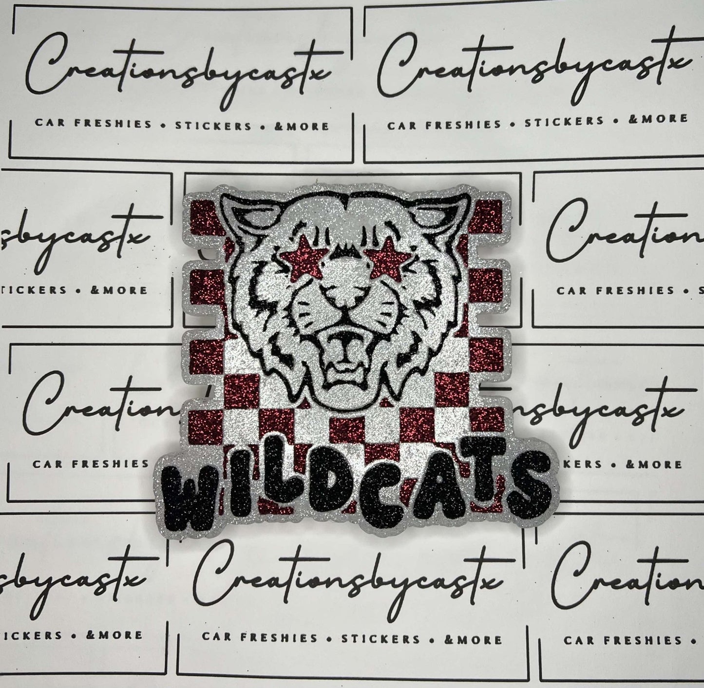 Checkered Wild Cat With Star Eyes Mascot Silicone Freshie Mold RRMC Exclusive - Red River Mold Co