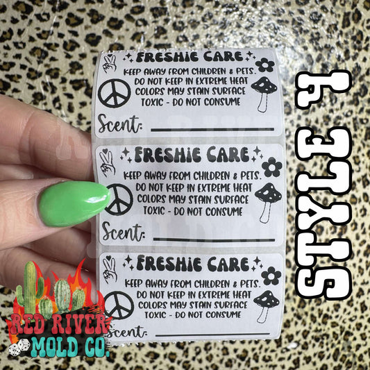 Groovy Freshie Care warning and Scent Label Stickers - Red River Mold Co