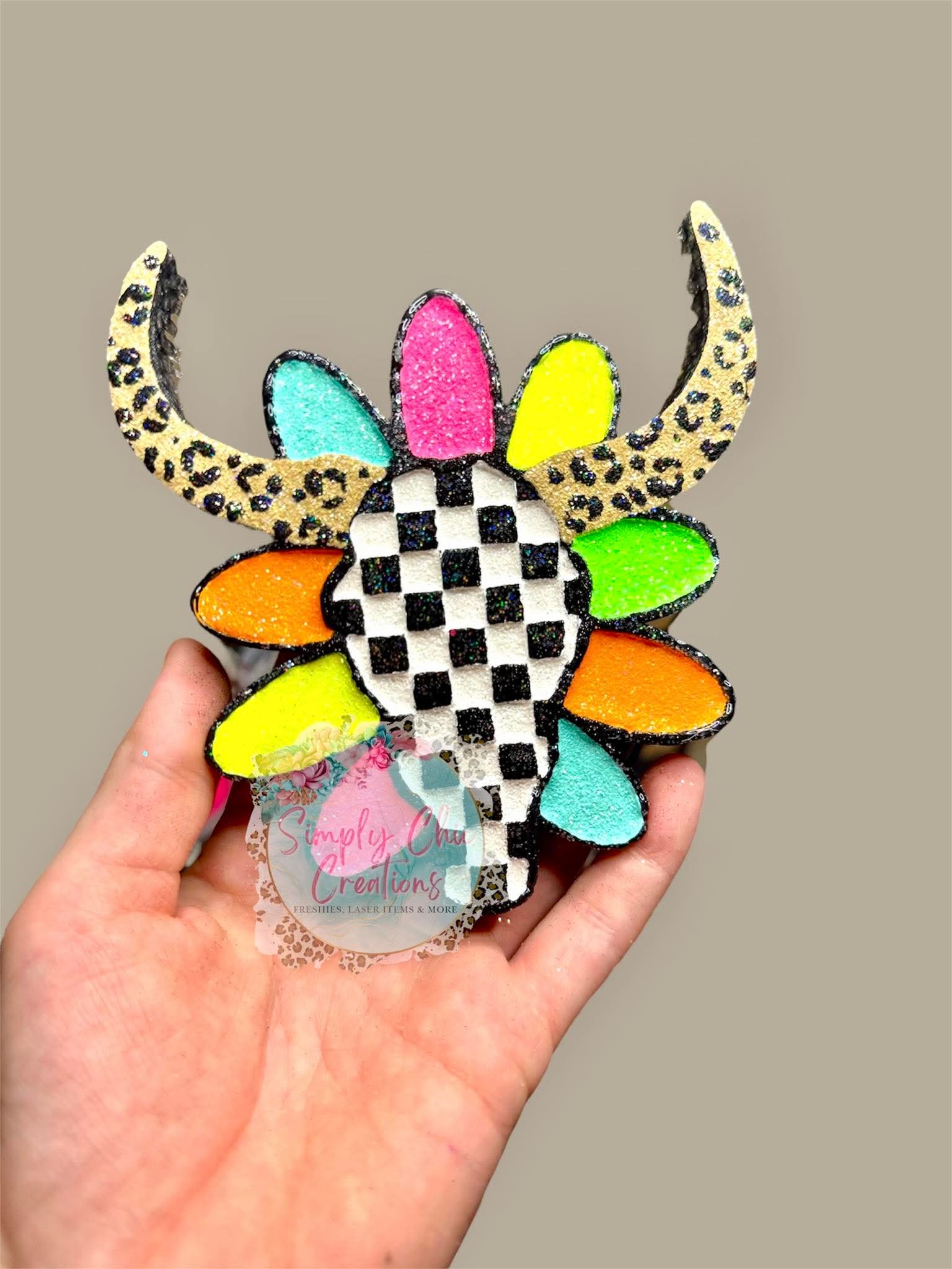 Turquoise Checkered Bull Skull Silicone Freshie Mold - Red River Mold Co