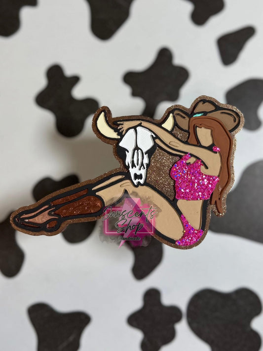 Western Cowgirl Holding A Bull Skull Silicone Freshie Mold - Red River Mold Co