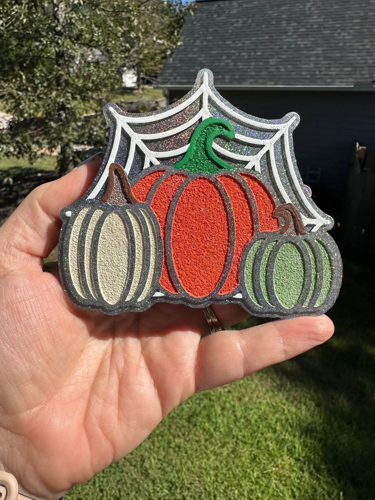 3 Pumpkins with a Spider Web Silicone Freshie Mold - Red River Mold Co
