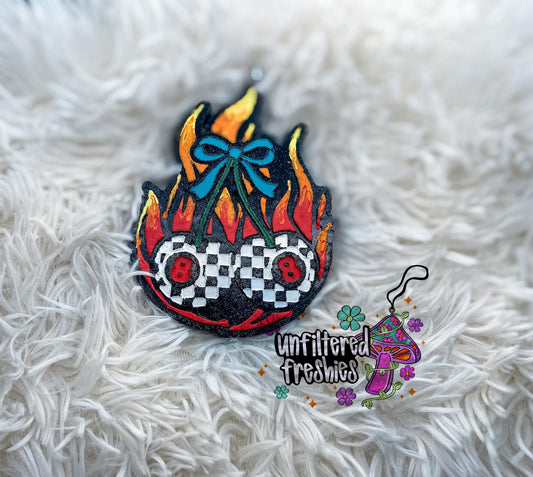 Checkered 8 Ball Cherries On Fire Silicone Freshie Mold - Red River Mold Co