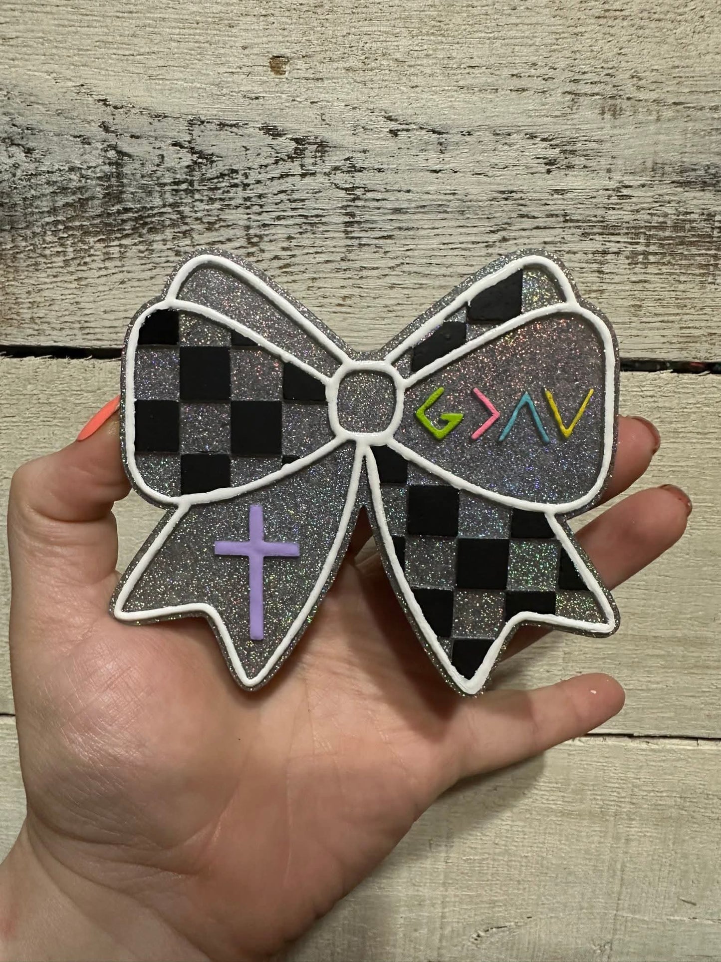 Checkered Bow with a Cross Silicone Freshie Mold - Red River Mold Co