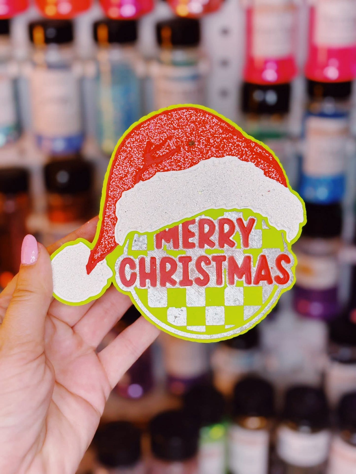 Checkered Christmas Ornament with a Santa Hat Silicone Freshie Mold RRMC Exclusive - Red River Mold Co