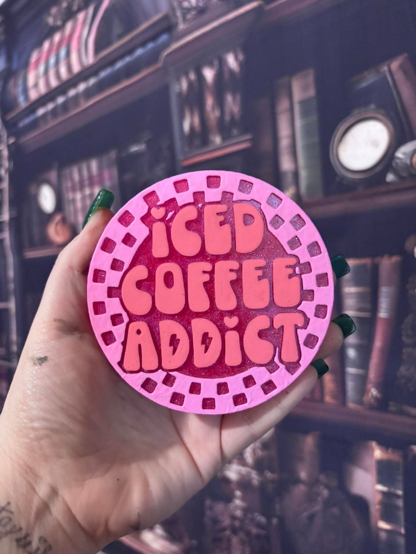 Checkered circle Iced Coffee Addict 4 in Round Mold Insert - Red River Mold Co