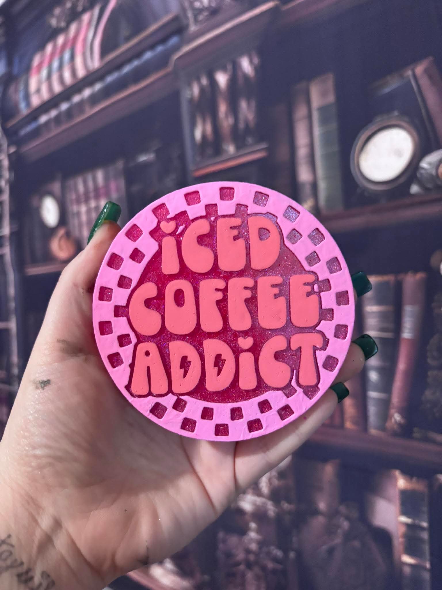 Checkered circle Iced Coffee Addict 4 in Round Mold Insert - Red River Mold Co