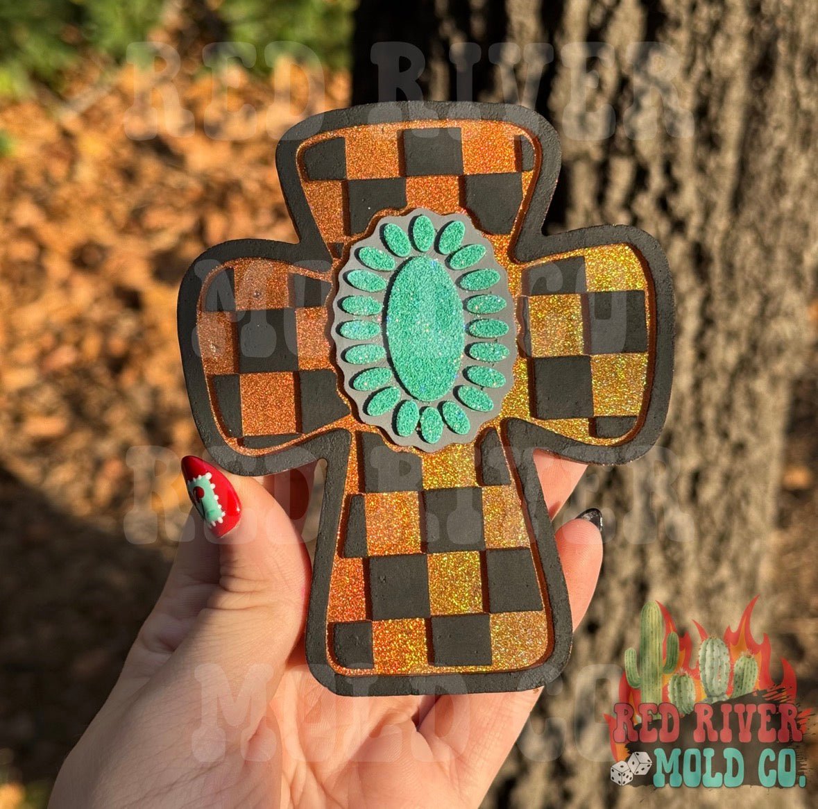 Checkered Cross with a Squash Blossom Silicone Freshie Mold RRMC Exclusive - Red River Mold Co