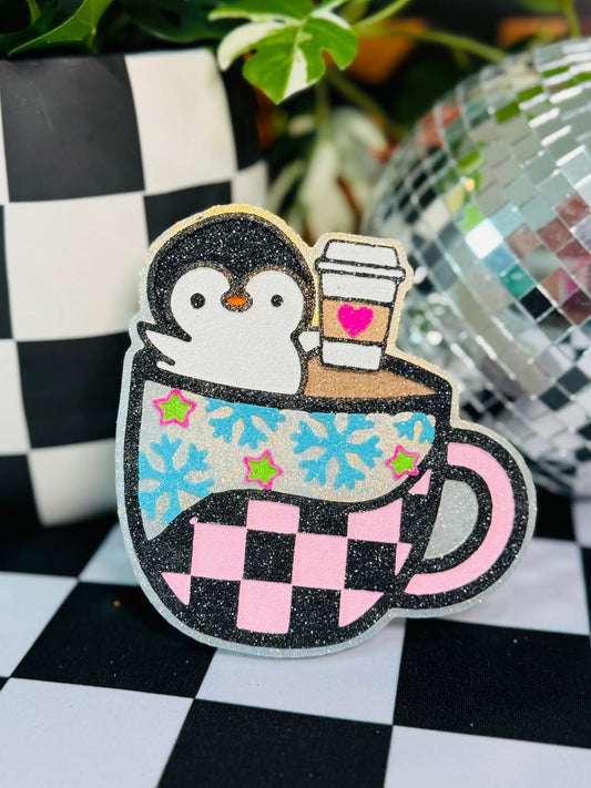 Checkered Groovy Snowflake Penguin Coffee Cup Silicone Freshie Mold - Red River Mold Co