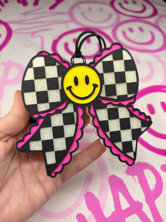 Checkered Smiley face Bow Silicone Freshie Mold - Red River Mold Co