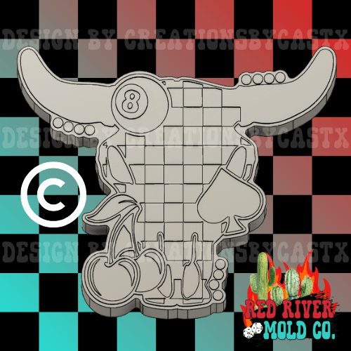 Checkered Western Bull Skull with 8 balls, cherry, and spade Silicone Freshie Mold - Red River Mold Co