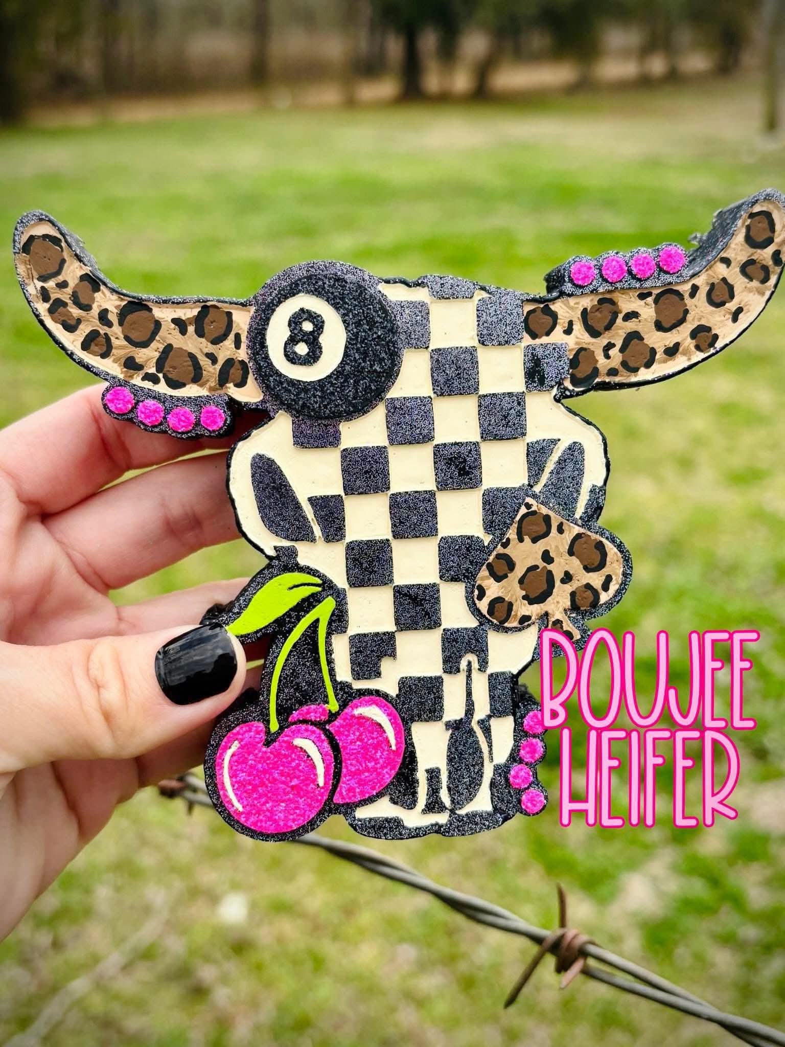 Checkered Western Bull Skull with 8 balls, cherry, and spade Silicone Freshie Mold - Red River Mold Co