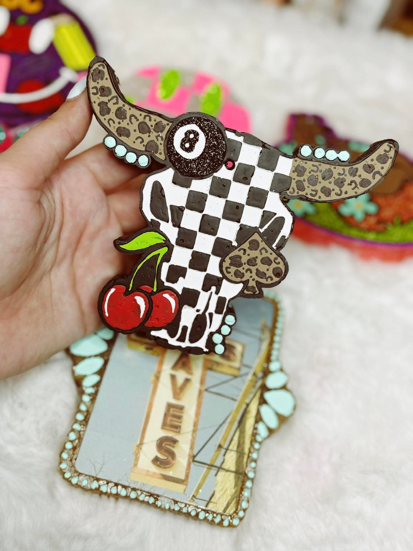 Checkered Western Bull Skull with 8 balls, cherry, and spade Silicone Freshie Mold - Red River Mold Co