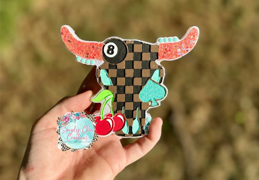 Checkered Western Bull Skull with 8 balls, cherry, and spade Silicone Freshie Mold - Red River Mold Co