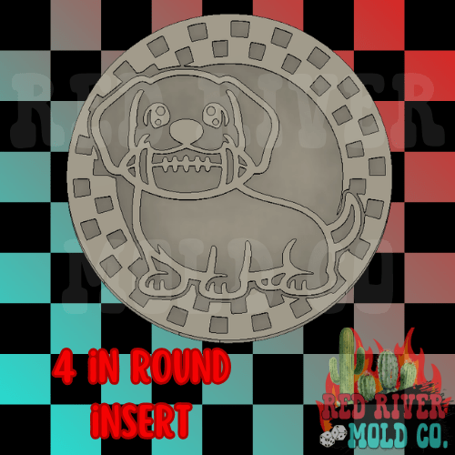 Checkered wiener dog with a football 4 in Round Mold Insert - Red River Mold Co