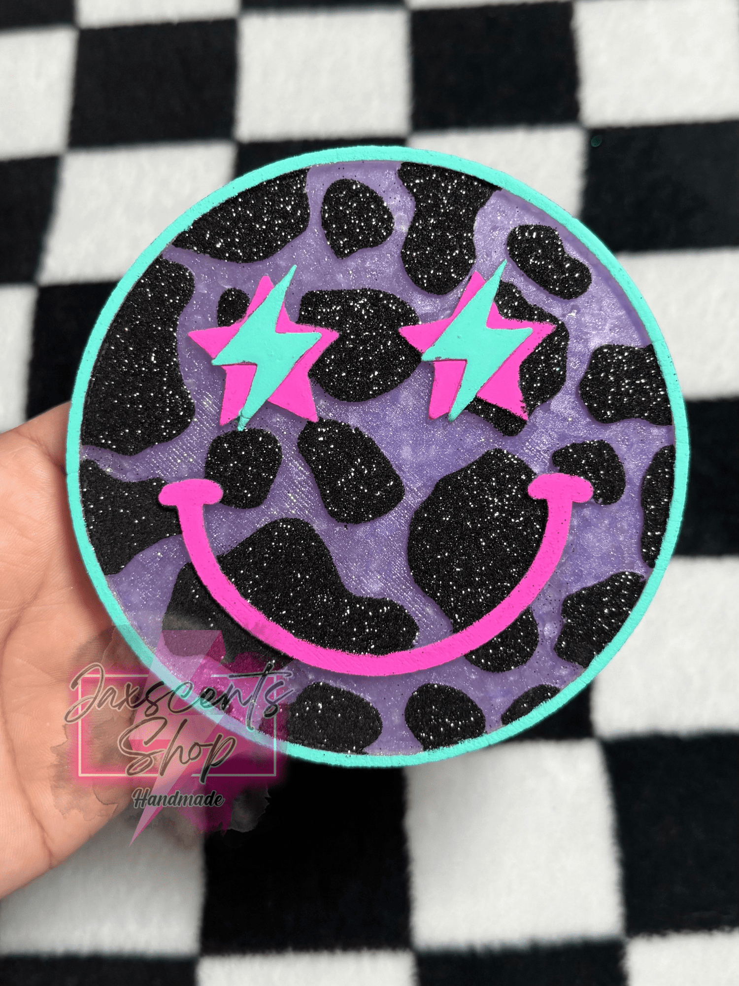 Cow Print Smiley with Star and Bolt Eyes Silicone Freshie Mold (AGS Mold) - Red River Mold Co