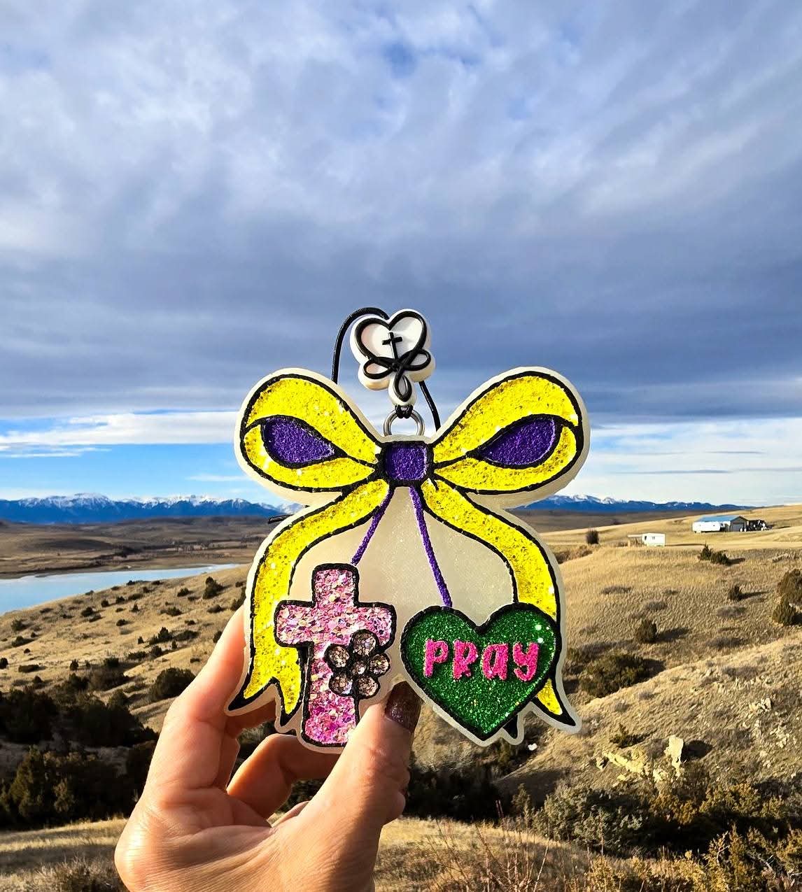 Cross & Pray heart cherries with a bow Silicone Freshie Mold - Red River Mold Co