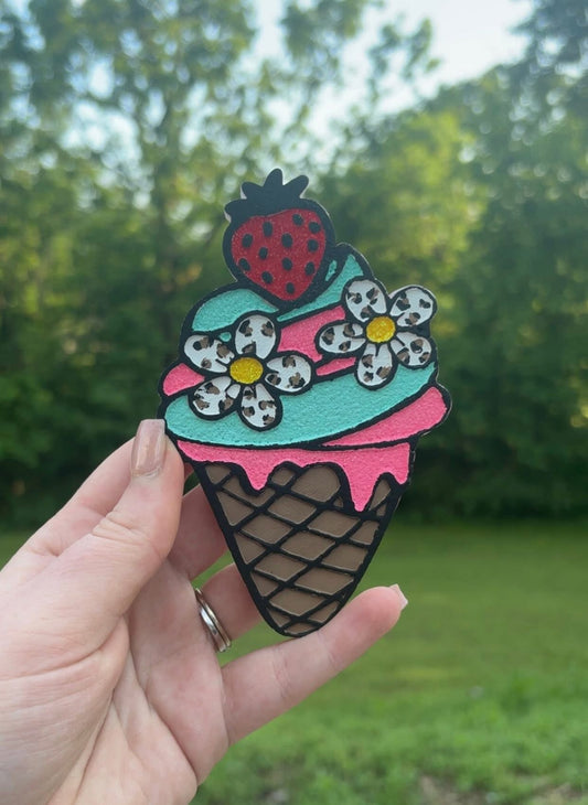 Floral Strawberry Ice Cream Cone Silicone Freshie Mold - Red River Mold Co