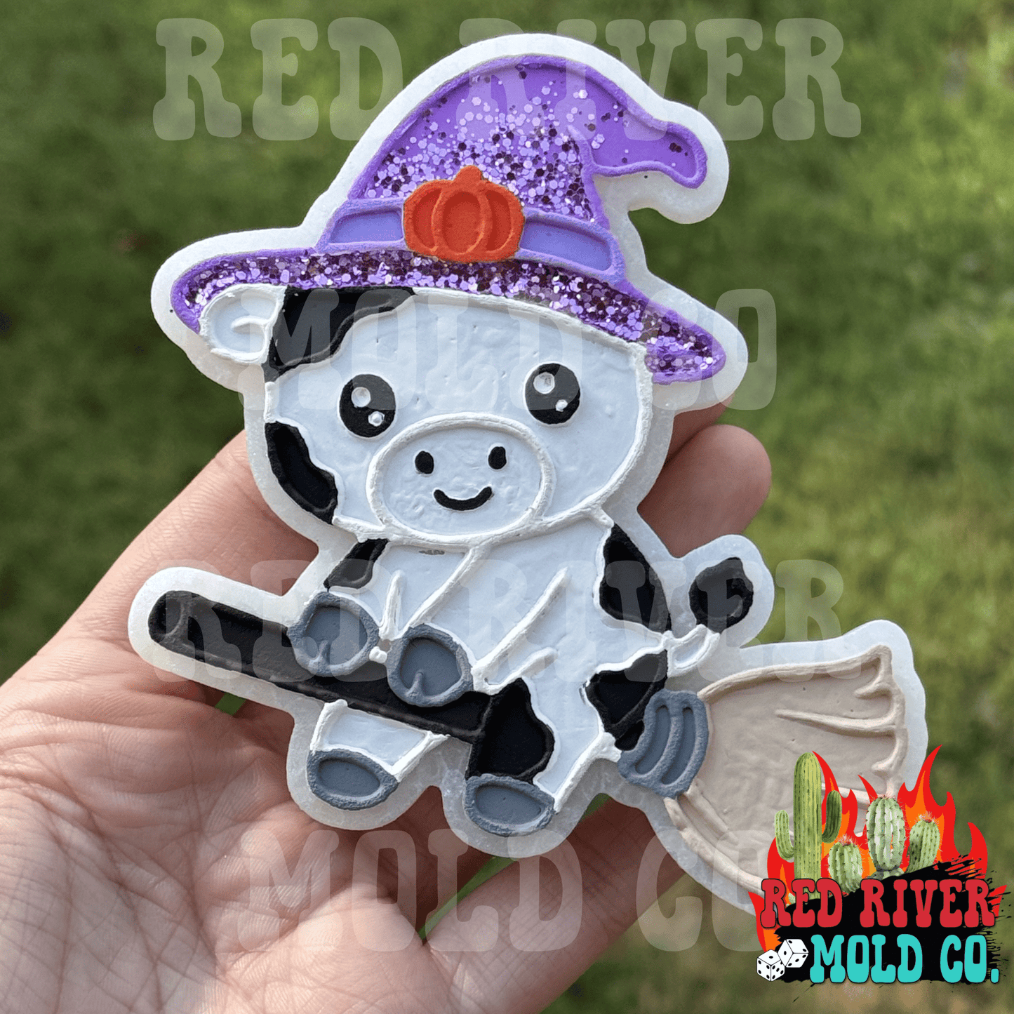 Pumpkin cow riding on a broom silicone freshie mold (1) - Red River Mold Co