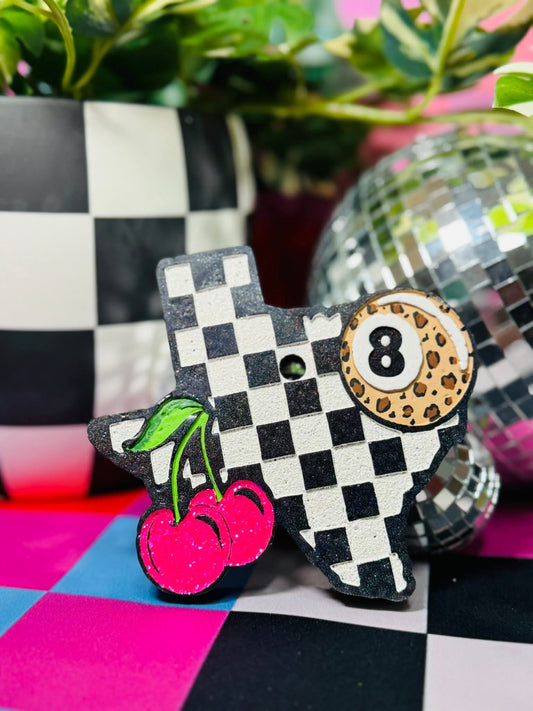 Checkered Texas with a cherry and 8 Ball Silicone Freshie Mold