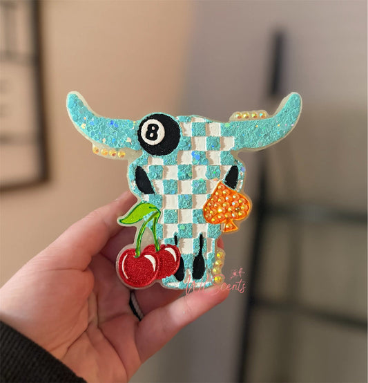 Checkered Western Bull Skull with 8 balls, cherry, and spade Silicone Freshie Mold