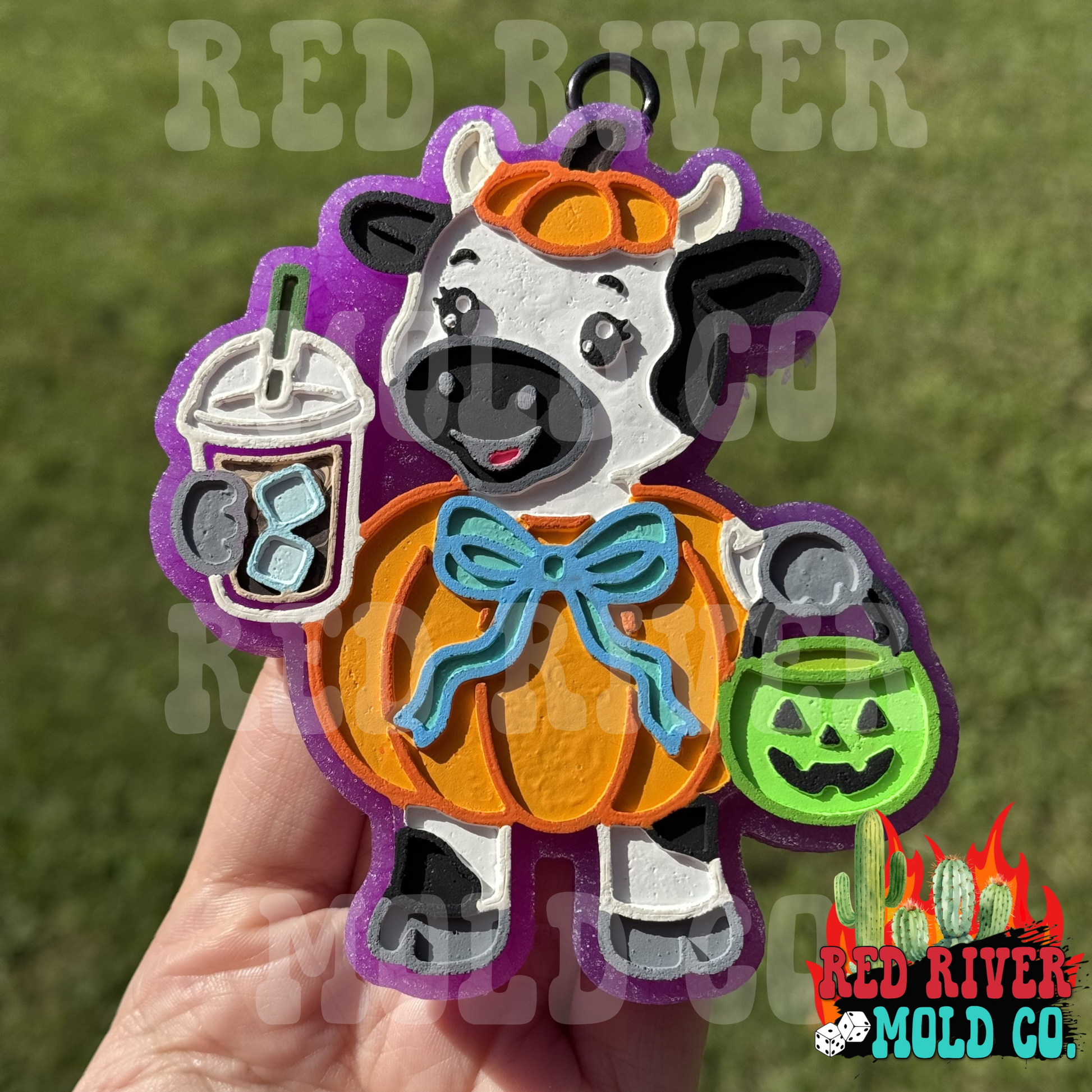 Trick or treating pumpkin cow with coffee Silicone Freshie Mold - Red River Mold Co