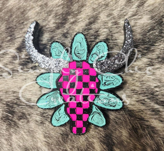Turquoise Checkered Bull Skull Silicone Freshie Mold - Red River Mold Co