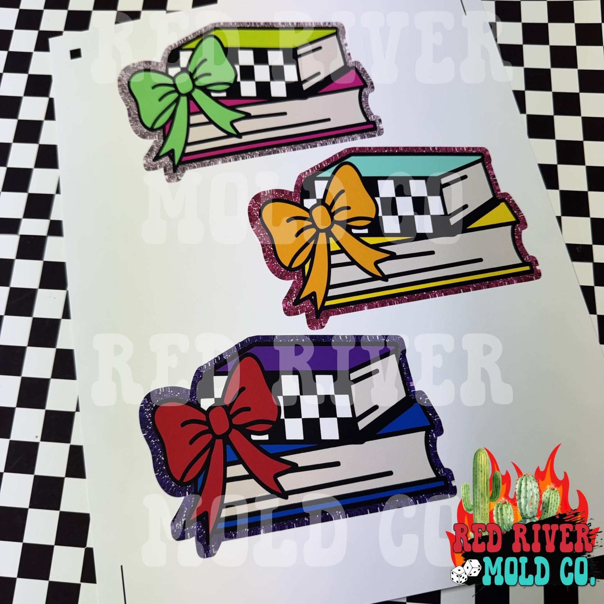 Whimsical Wiffs Checkered books with a bow cardstock grab bag 9 ct - Red River Mold Co