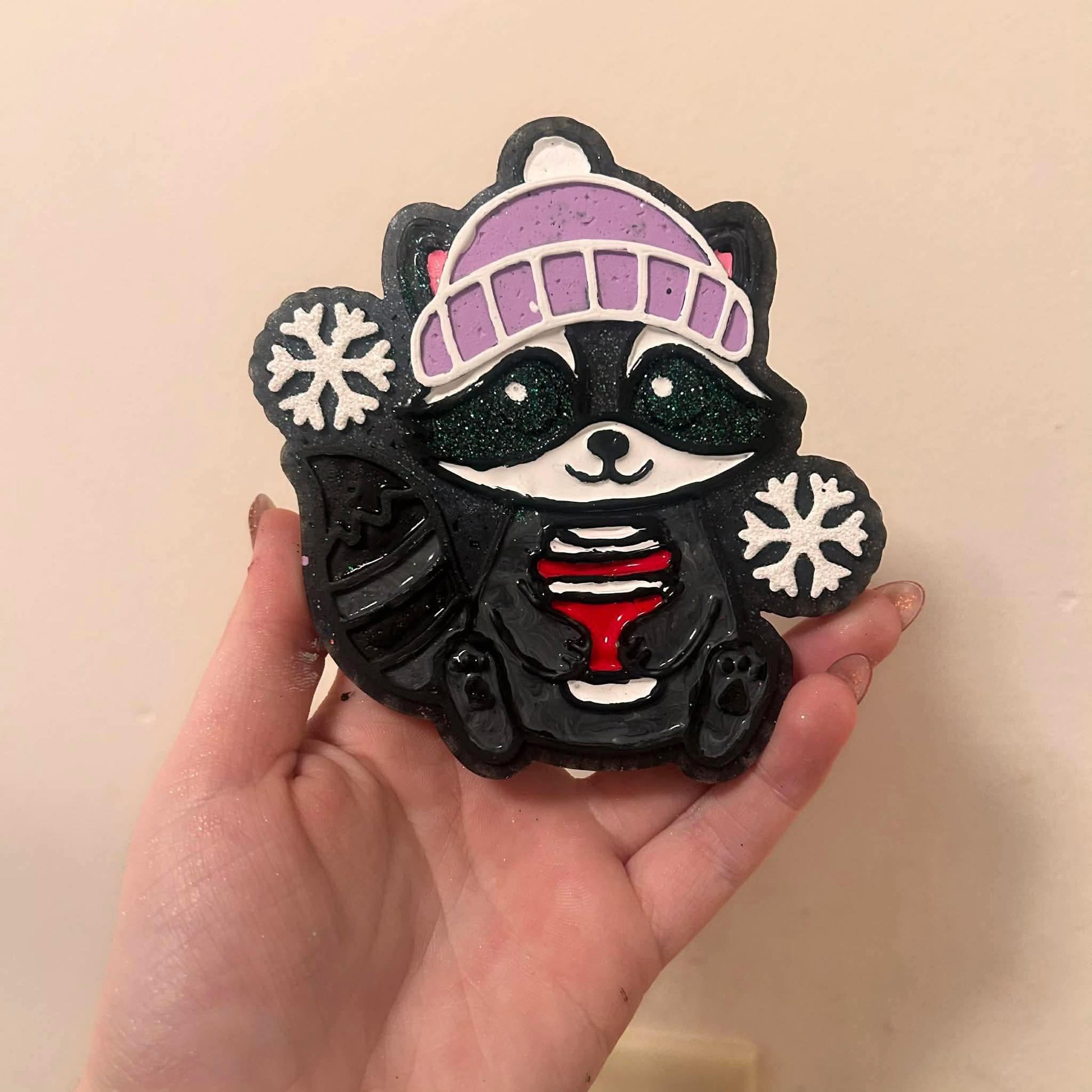 Winter Racoon with Coffee Silicone Freshie Mold - Red River Mold Co